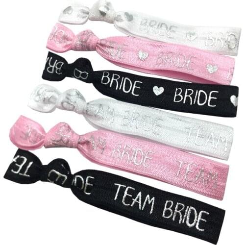 200pcs Silver Team Bride Printed Elastic Hair Band Pink Black White Bride Wedding Hair Tie Bracelet Wristband Ponytail Holder
