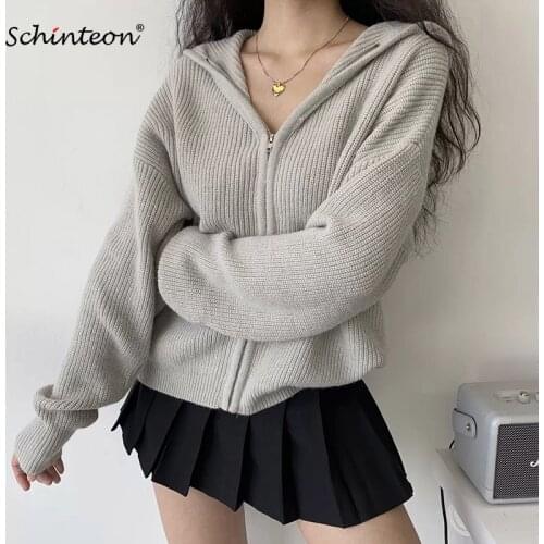 2021 New Schinteon Women Knitted Cardigan Casual Vintage Spring Autumn Jacket Thick Sweater Loose Outwear with Hood Zipper