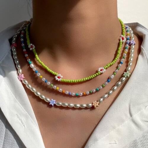 3Pcs/Set Star Pearl Beaded Necklace For Women Green Glass Beads White Flower Chokers Necklaces Colorful Acrylic Seed Bead Strand