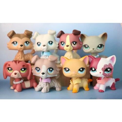 Random 5pcs toys)Pets Shop Collie Great Dane Dog Sausage Dog Shorthair Cat With 7pcs Accessories Figures Toy Best Gift for Kids