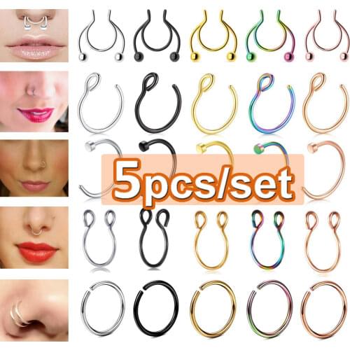 5Pcs Stainless Steel Nose Clips Fake Nose Lip Ring Hoop Septum Rings Nose Piercing Ring Stud Earrings Body Jewelry Wholesale