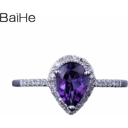 BAIHE Solid 10K White Gold 0.644ct Flawless Pear cut Amethyst Wedding Women Fine Jewelry Gift Amethyst Ring