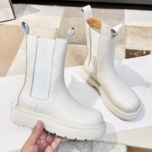Genuine Leather Women White Ankle Boots Flat Chunky Platform Ladies Footwear Chelsea Boots Botas De Invierno Para Mujer ME9