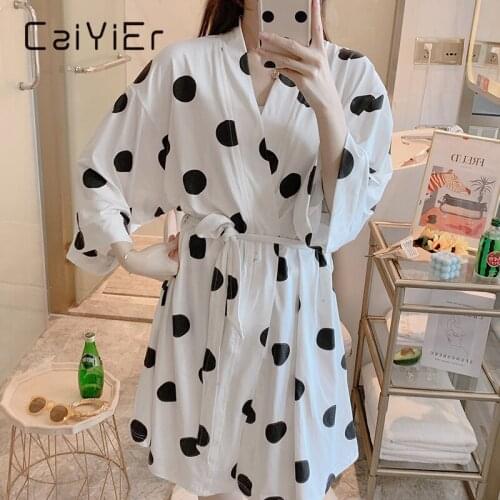 CAIYIER Sexy Lingerie Robe Modal Long Sleeve Dot Bath Robe For Women Dressing Gown Bathrobe Winter Femme Sleep Loungwear M-XL