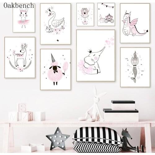 Nursery Wall Print Pink Canvas Painting Girl Mermaid Poster Swan Elephant Deer Posters Nordic Wall Pictures Baby Room Decoration