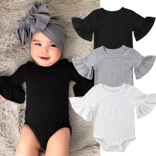 0-24M Baby Girl Flare Sleeve Solid Black White Grey Casual Romper Jumpsuit Outfits Newborn Baby Clothes Summer kids Suit