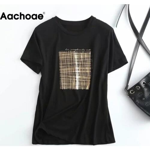 Aachoae Summer Women Printed Cotton T Shirt Casual O Neck Tshirts Female Short Sleeve Fashion Tee Tops Camisetas Mujer