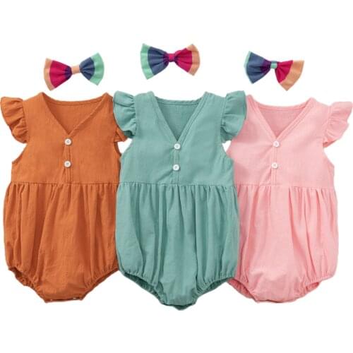 Summer Newborn Infant Baby Girls Solid Color V-Neck Fly Sleeve Romper Tops Hairband 2pcs Outfits Casual Toddler Clothing 0-24M