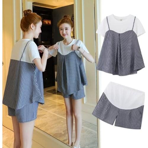 Pregnant Women 2pcs set Striped tops and shorts pant Summer Pregnancy tanks Blouse and Shorts Sets Maternity Suit Clothing