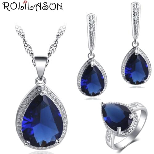 ROLILASON Deep Blue Cubic Zircon Water Drop Design For Women Earrings Necklace Rings Jewelry Sets JS742