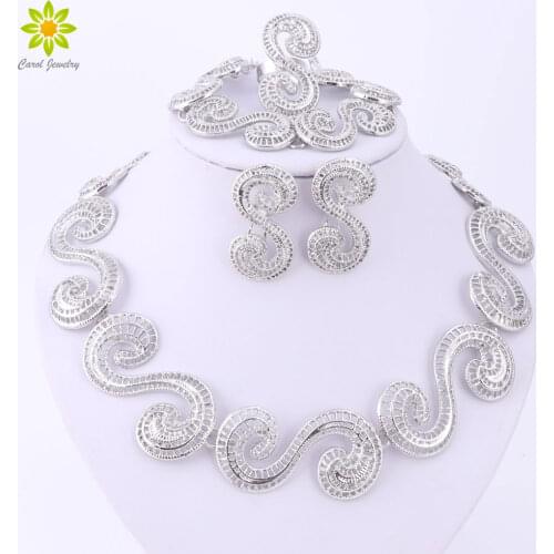 African Jewellery Sets Silver Plated Hollow Out Necklace Bracelet Ring Earrings Sets Classic Bridal Jewelry Sets