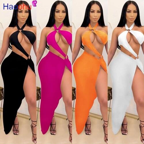 HAOOHU Women Skirts Set Solid Sleeveless Halter Hollow Out Low Waist Bodysuits Asymmetrical Ankle Length Skirts 2 Piece Sets
