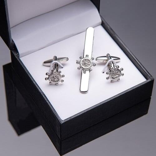 Metal Tie Clips For Mens Fashion Rudder Shape Silvery Clips Tie Pins Tie Bar Cufflinks and Tie Clip Set Business Sailor Gift