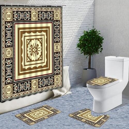 Ethnic Pattern Shower Curtain Set Fabric Geometric Curtains Bath Set With Stitch Rugs And Curtains Bathroom Things For Home