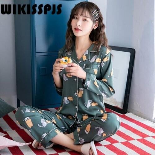 New Loose Long Sleeve Trousers Lapel Home Wear Pajamas for Teen Girls Sleep Tops Cute Pijamas Women Black Pajamas Set