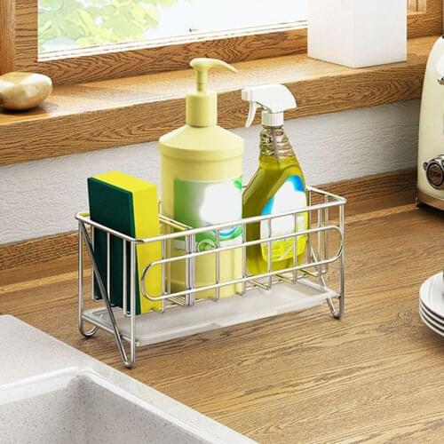 Kitchen Sink Organizer Countertop Sponge Brush Soap Holder with Drain Pan Stainless Steel Multifunctional Storage Basket Holder