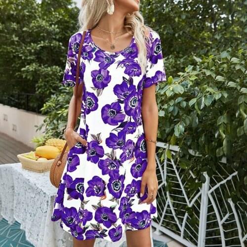 Ladies Pocket Midi Dress Summer Floral Print O Neck Short Sleeve Streetwear Women Dresses Casual Loose Streetwear Beach Dress