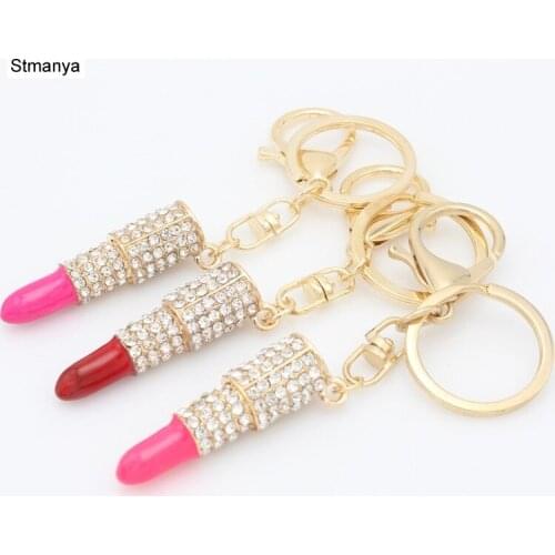 Lipstick key chain Fashion jewelry metal crystal lipstick keychains bag car accessories key ring wholesale K1525