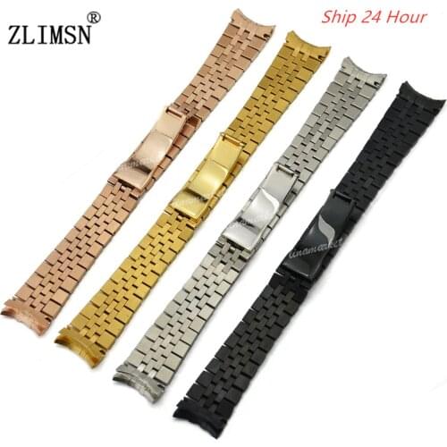 ZLIMSN 13 20mm 316L Solid Stainless Steel Deployment Clasp Watchband With Curved End Silvery/ Black/ Gold/ Rose Gold Watch Strap