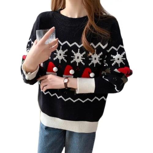 Christmas Red Sweater Women Loose Oversize Long Sleeve Snowflake Elk Print Pullover Autumn Winter Jumper Warm Apricot Sweaters