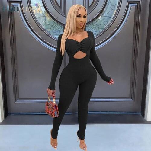 HAOYUAN Sexy Velvet Knitted Bodycon Jumpsuit Long Sleeve Hollow Women Festival Clothes Fashion Streetwear One Piece Club Outfits