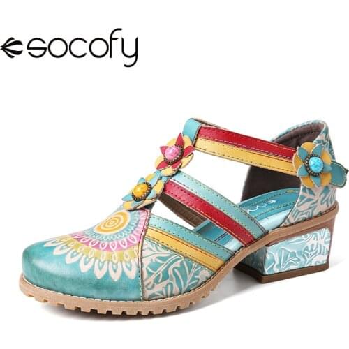 SOCOFY Retro Bohemia Ethnic Style Stitching Embossed Beading Floral Chunky Heel Sandals Pumps Women Shoes Botas Mujer 2020