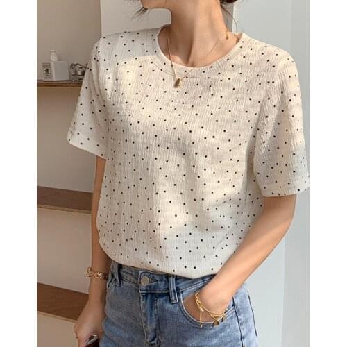 Zoki Dot Print Women T Shirt Korean Short Sleeve Casual Tees Summer Loose O Neck Cotton Designed Office Ladies Tops New 2021