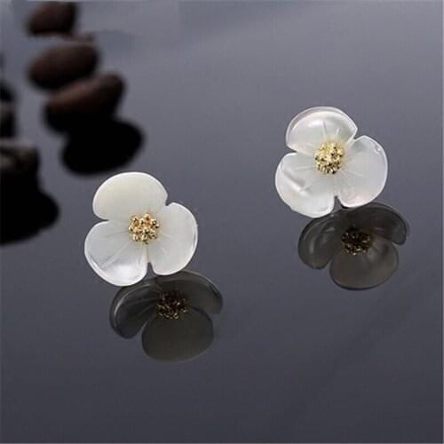 925 Sterling Silver Hypoallergenic White Flower Stud Earrings For Women Sterling-silver-jewelry Pendientes Plata