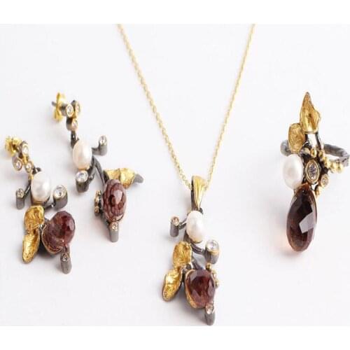 Drop Pearl Leaf Zultanite Jewelry Set Gold Plated,Woman Silver Zultanite Ring+Necklace+Earrings,Handmade Woman Silver