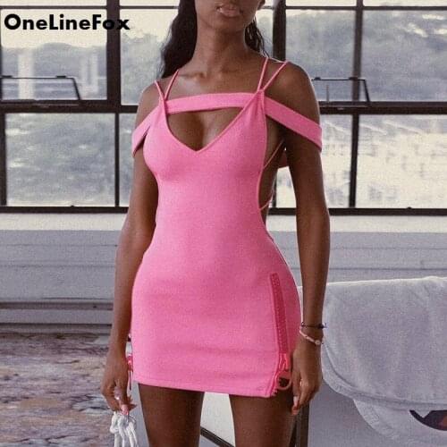 OneLineFox Womens Summer Slip Dress Spaghetti Strap Zipper Backless V Neck Cut out Mini Sexy Party Vestidos Bodycon Dresses