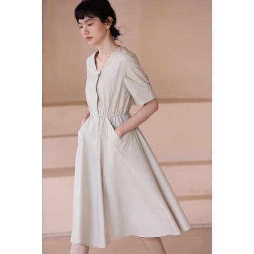 2021 Summer New Arrival Women High-End Beige Vintage Dress Office Lady Elastic Waist Elegant Temperament Female Slim Pocket