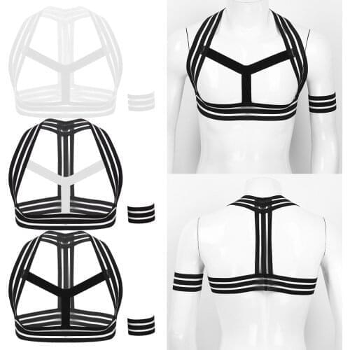 Harness Mens Erotic Lingerie Chest Strap Elastic Striped Harness Features with Armband Straps Hot Sexy Body Chest Harness