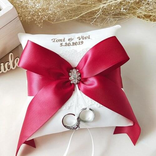 1pcs unique bearer rings cushion holder satin wedding Bridal white embroidery name ring pillow
