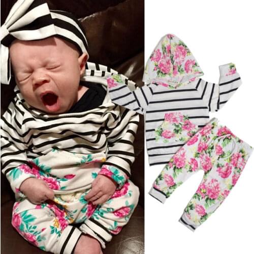 2pcs Toddler Baby Girls Clothes Set Hooded Pullover Top Long Sleeve Cotton Pants Outfits Floral Clothing Set