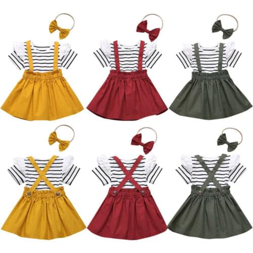 3Pcs Toddler Kid Baby Girl Clothes Sets 1-6Y Long Sleeve Striped Top T-shirt Strap Bib Dress Outfit Set
