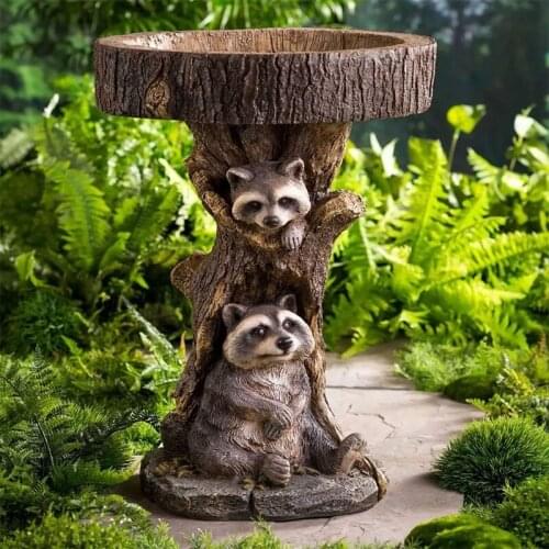 Polyresin Raccoon Birdbath Antique Garden Bird Feeder Resin Art Outdoor Yard Animal Sculptures Ornament Home Decor