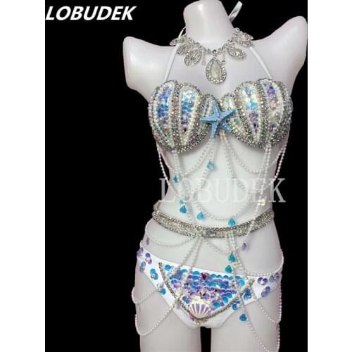 Shell Pearl Bikini Set Beads Crystals Bra Mesh Skirt Set Bar Party Club DJ Singer Dance Outfit Nightclub Pole Dancing Costume