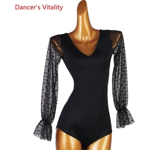 Latin dance Body Suit V-Neck Onesies Mesh Lantern Long Sleeve Clothes Ballroom Dance Custom Child Woman Performance Clothing