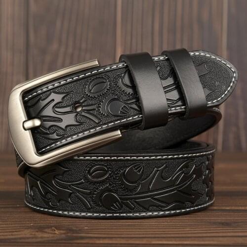 Vintage carved craft mens belt real cowhide fashion personality embossed jeans belt