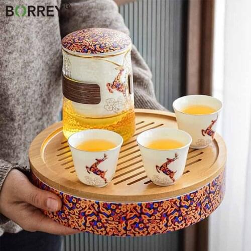 BORREY China Kung Fu Travel Outdoors Tea Set Ceramic Portable Teacup Porcelain Service Gaiwan Tea Cups of Tea Teapot Gift Box