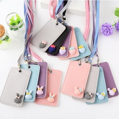 Women Cartoon Candy Leather Card Holder Students Bus Card Case Lanyard Girl Cute Rabbit Door Work Identity Badge 2 Cards Cover
