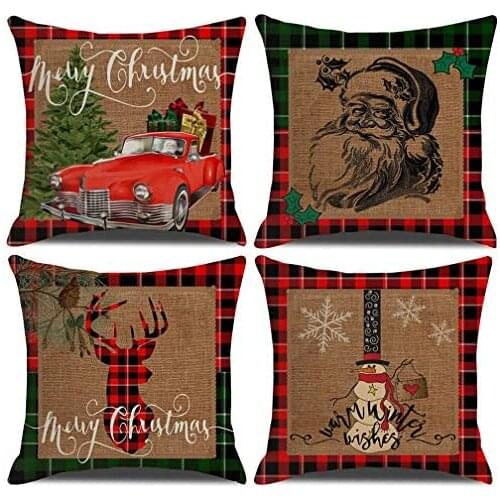 Decorative Pillowcases Farmhouse Rustic Buffalo Plaids Throw Cushion Covers Red Truck/Xmas Claus Square Pillow Covers 18 x 18