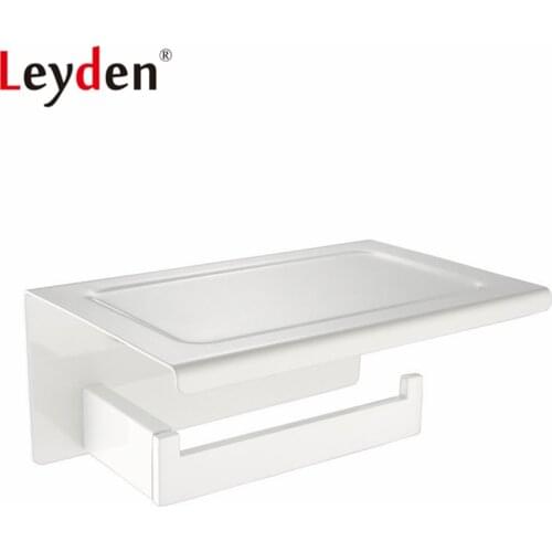 Leyden Toilet Paper Holder White Finish Stainless Steel Wall Mounted Storage with Mobile Phone Storage Shelf Bathroom Accessory