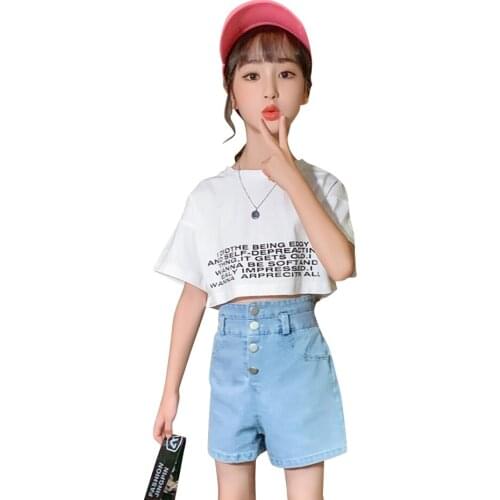 Children Clothes Letter Tshirt + Denim Skirt Costume For Girls Summer Tracksuit Girl Casual Style Kids Clothing 6 8 10 12 14