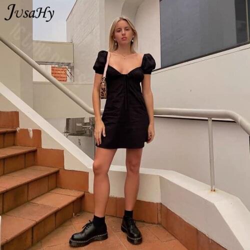 JusaHy Elegant Black Puff Sleeves Mini Dress for Womens Clothes Summer 2021 Fairy Grunge Basic Simple Club Casual Streetwear