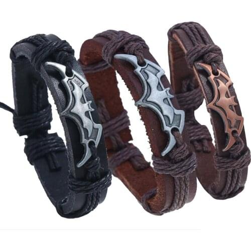 Personality Design Cartoon Bat Logo Bracelet Punk Men Hand Woven Adjustable Leather Bracelet Trend Men Motorcycle Party Jewelry