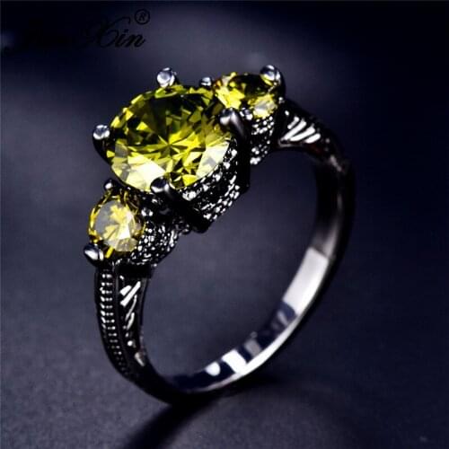 JUNXIN Wholesale Multicolor Birthstone Rings For Women Black Gold Round Purple Green Blue Zircon Stone Wedding Ring Female Gifts