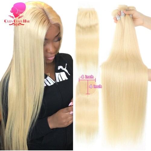 QUEEN Blonde 613 Honey Color 8- 40 Inch Remy Human Hair Weave 3 4 Brazilian Straight Hair Bundles with Closure 4x4 Swiss Lace