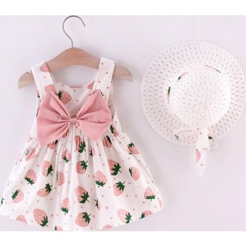 TELOTUNY Summer dress Toddler Baby Kids Girls Sleeveless Strawberry Print Princess Dress Cute Bow Cotton Kid 2 Pieces Hat Outfit