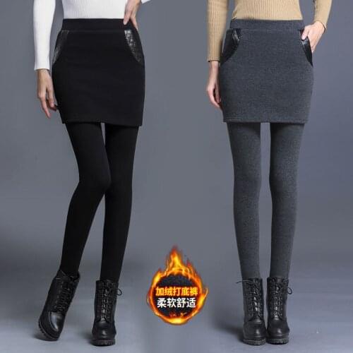 Brushed and Thick Winter Outer Wear Mock Two-Piece Leggings Women Slim Warm Stirrup Hip Culottes